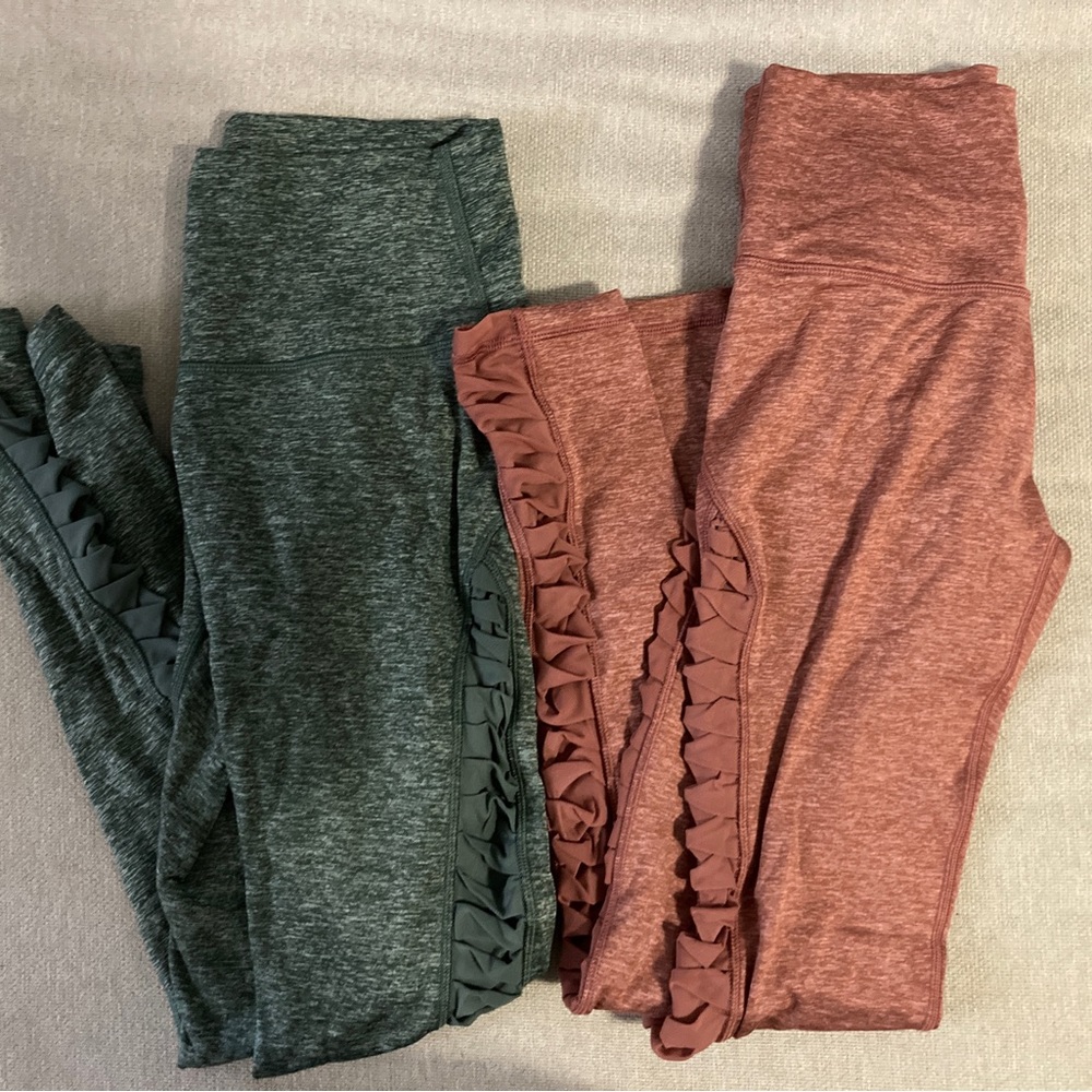 Green and rose colored Aerie leggings, medium, full length